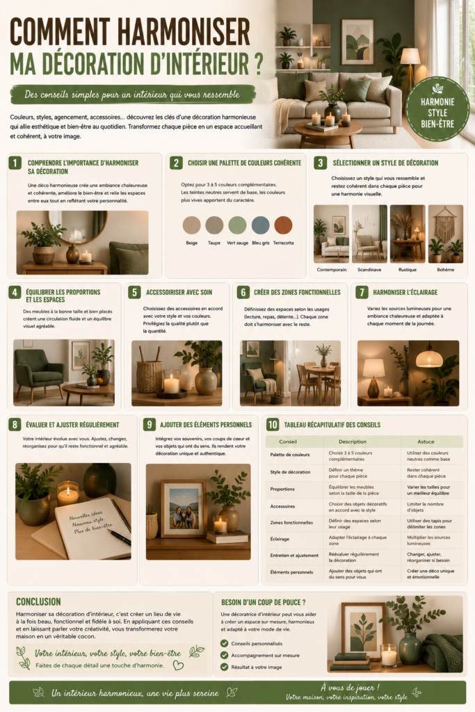 Salon lumineux à la décoration harmonieuse avec palette de couleurs naturelles, mobilier contemporain, plantes vertes, éclairage chaleureux et accessoires décoratifs créant une ambiance élégante et apaisante.