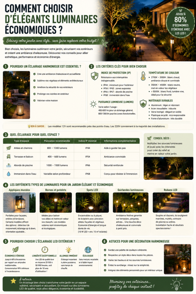 Jardin contemporain éclairé par des bornes LED, spots encastrés, appliques murales et guirlandes lumineuses créant une ambiance chaleureuse, élégante et économe en énergie.