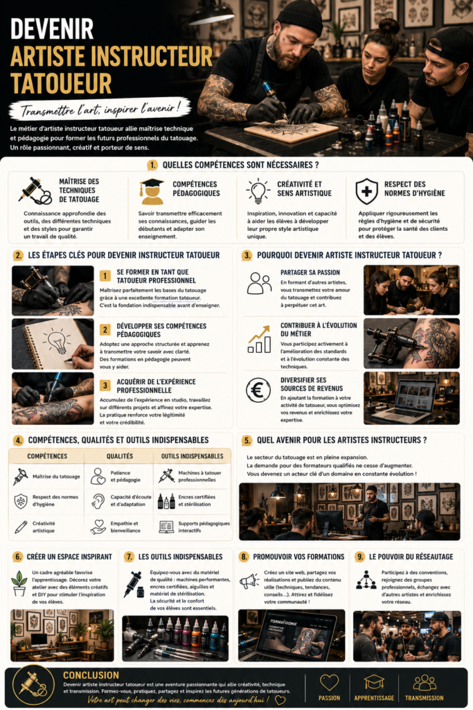Artiste instructeur tatoueur formant des élèves dans un atelier de tatouage professionnel, avec machines à tatouer, encres, matériel de stérilisation et démonstration des techniques de tatouage.