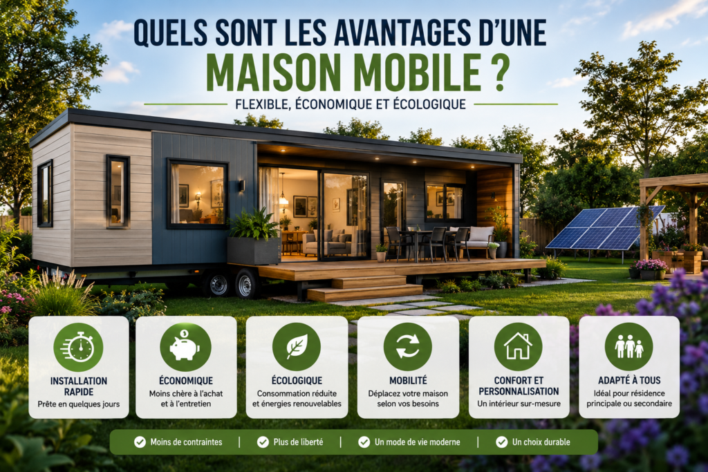 Maison mobile contemporaine avec terrasse en bois, panneaux solaires, jardin paysager et aménagement extérieur moderne illustrant un habitat économique, écologique et confortable.