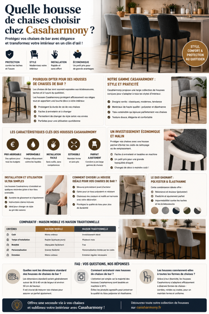 Housses de chaises de bar Casaharmony installées dans une cuisine moderne avec différents modèles extensibles et élégants.