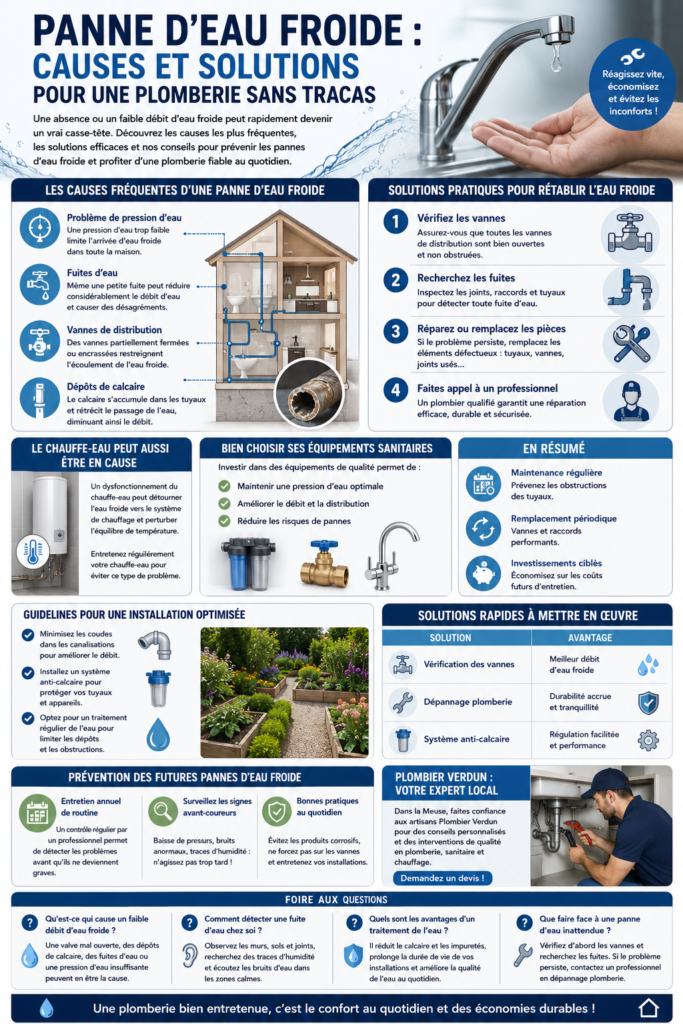 Infographie expliquant les principales causes d'une panne d'eau froide, les vérifications à effectuer, les solutions de plomberie et les conseils d'entretien pour prévenir les problèmes de distribution d'eau.