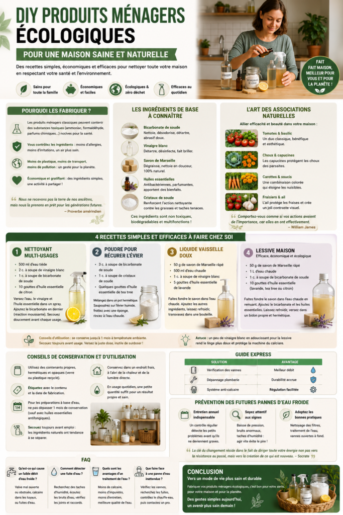 Infographie présentant des recettes de produits ménagers écologiques à base de vinaigre blanc, bicarbonate de soude et savon de Marseille, avec des conseils de fabrication, de conservation et d'utilisation pour une maison saine.