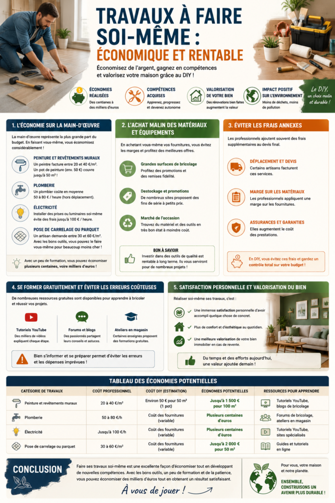 Infographie présentant les économies réalisées en effectuant soi-même des travaux de rénovation, avec des conseils sur la peinture, la plomberie, l'électricité, l'achat des matériaux et les ressources de bricolage.