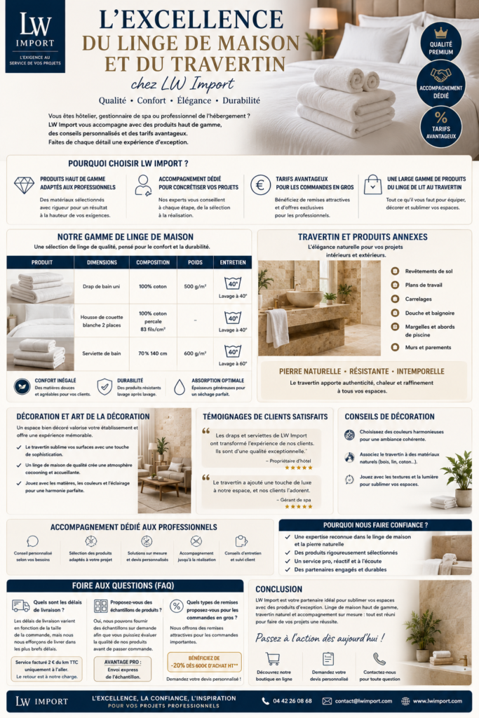Linge de maison haut de gamme et salle de bain en travertin naturel dans un établissement hôtelier, illustrant les solutions professionnelles proposées par LW Import.