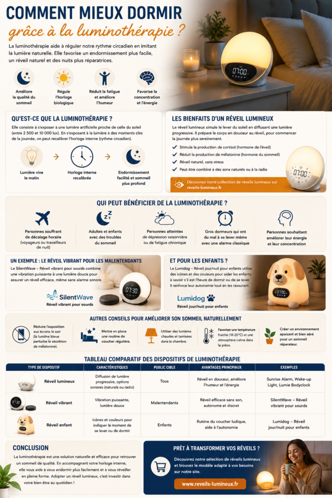 Réveil lumineux simulant l’aube sur une table de chevet dans une chambre apaisante, illustrant les bienfaits de la luminothérapie pour améliorer le sommeil.