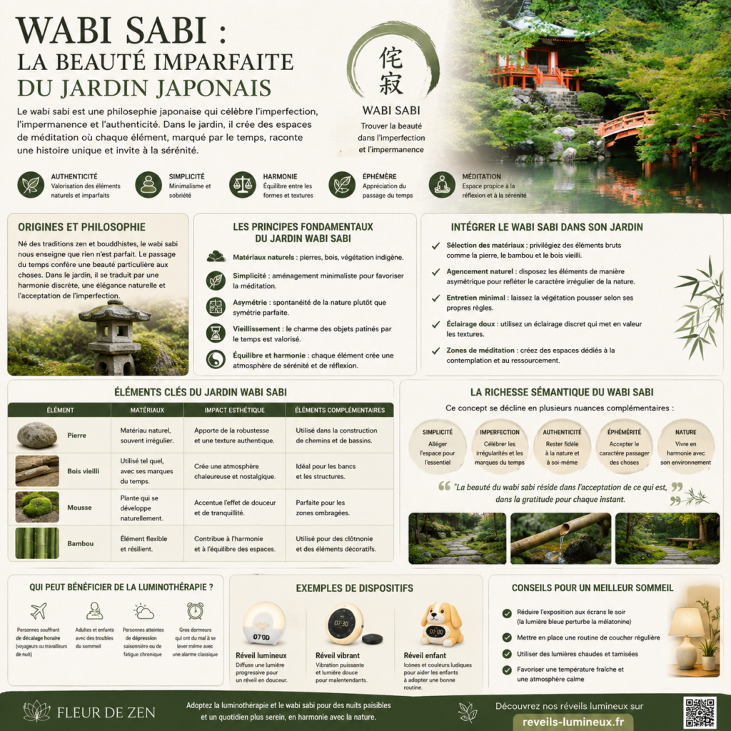 Jardin japonais avec pavillon traditionnel rouge, pont en bois et végétation luxuriante illustrant la philosophie Wabi Sabi et la beauté imparfaite de la nature.