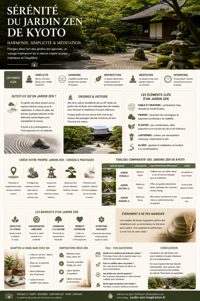 Jardin zen japonais de Kyoto avec sable ratissé, pierres, lanterne traditionnelle et pavillon entouré d'une végétation luxuriante, symbole de sérénité et de méditation.
