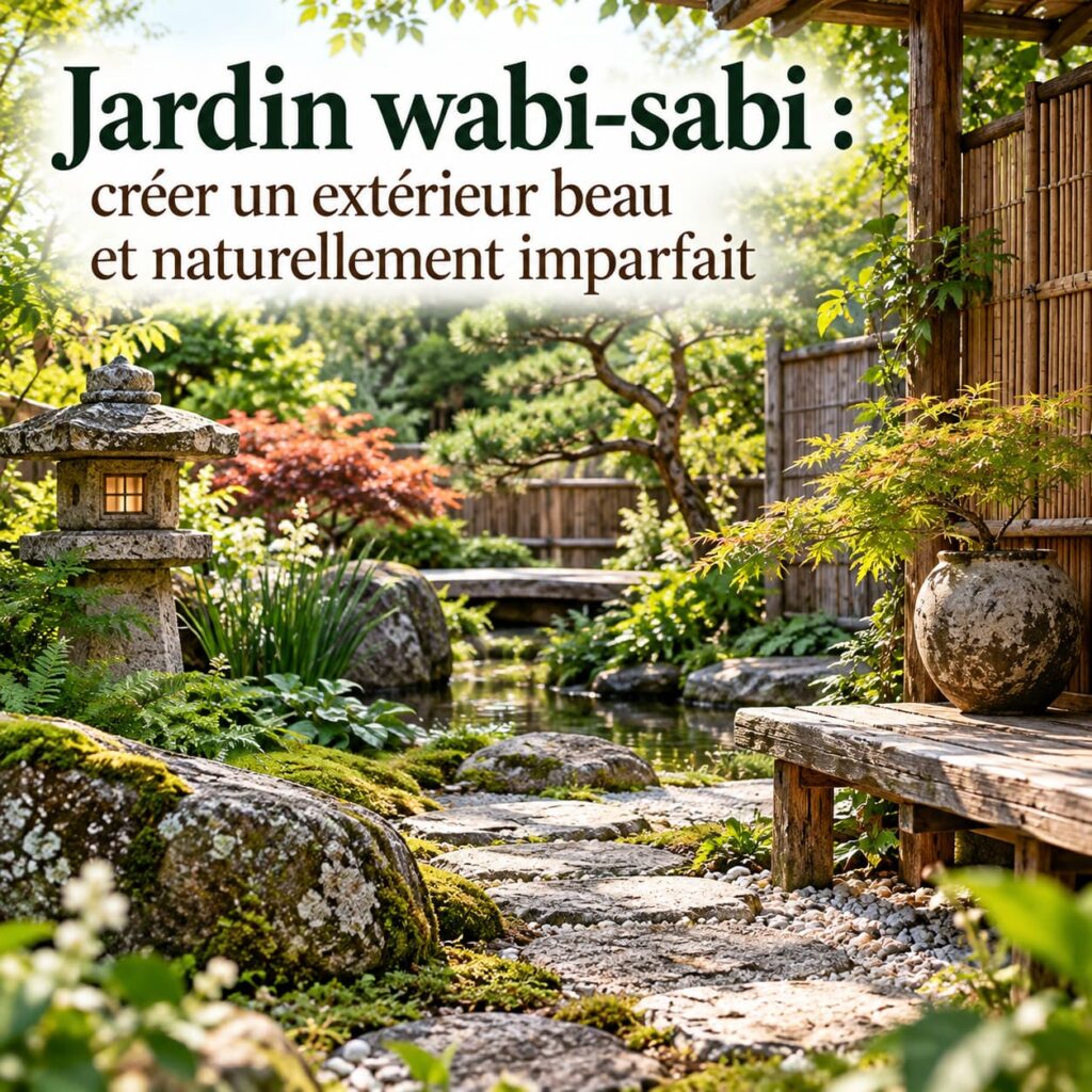 Jardin wabi-sabi avec pierres couvertes de mousse, bois patiné, végétation naturelle et lanterne japonaise dans un aménagement volontairement imparfait