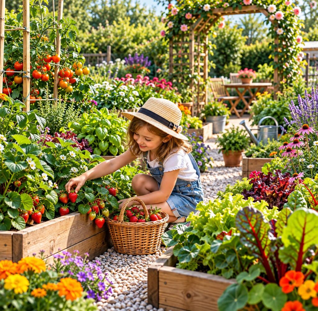 Petite fille cueillant des fraises dans un potager décoratif avec carrés en bois, légumes, fleurs colorées, tomates et pergola fleurie