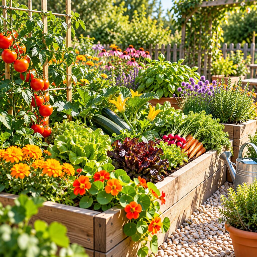 Potager décoratif en carrés avec tomates, courgettes, salades, carottes, radis, herbes aromatiques et fleurs colorées