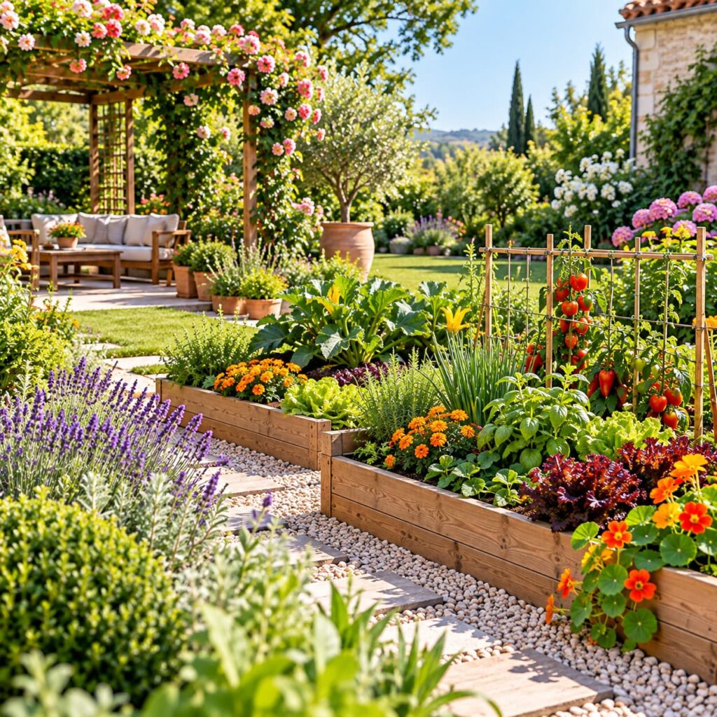 Potager en carrés intégré dans un jardin fleuri avec tomates, salades, plantes aromatiques, lavande, allée en gravier et pergola