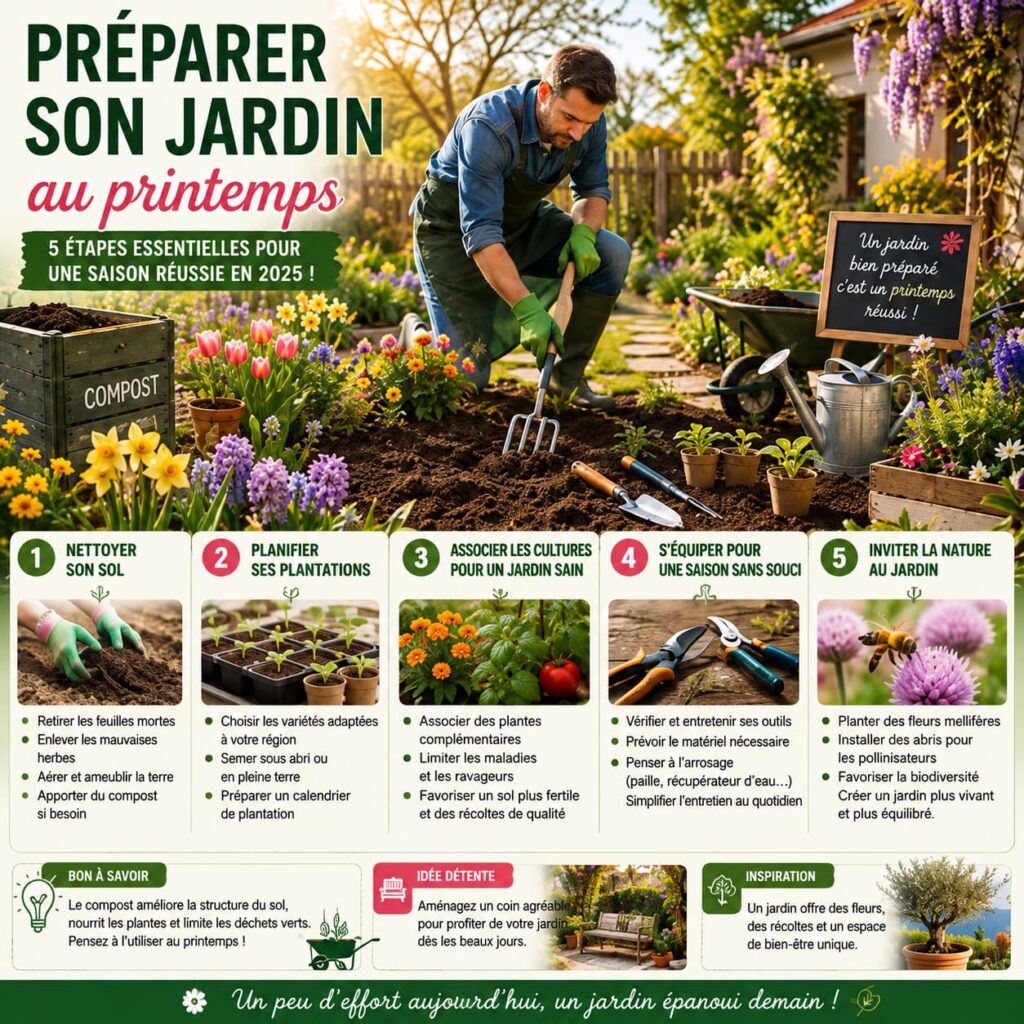 Jardinier préparant son jardin au printemps en ameublissant la terre avant les semis, avec des fleurs, des outils de jardinage et un compost dans un jardin ensoleillé.