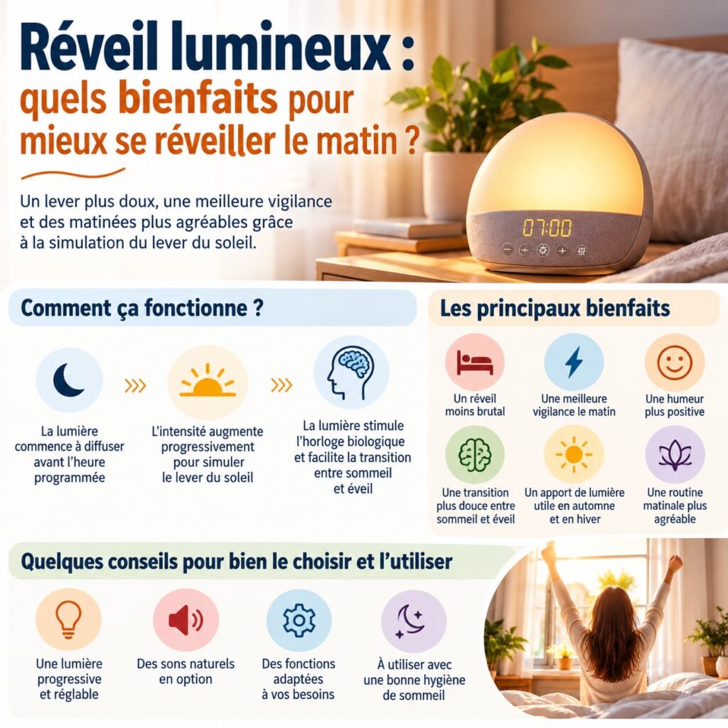 Réveil lumineux simulant le lever du soleil avec ses principaux bienfaits et conseils pour un réveil plus doux le matin