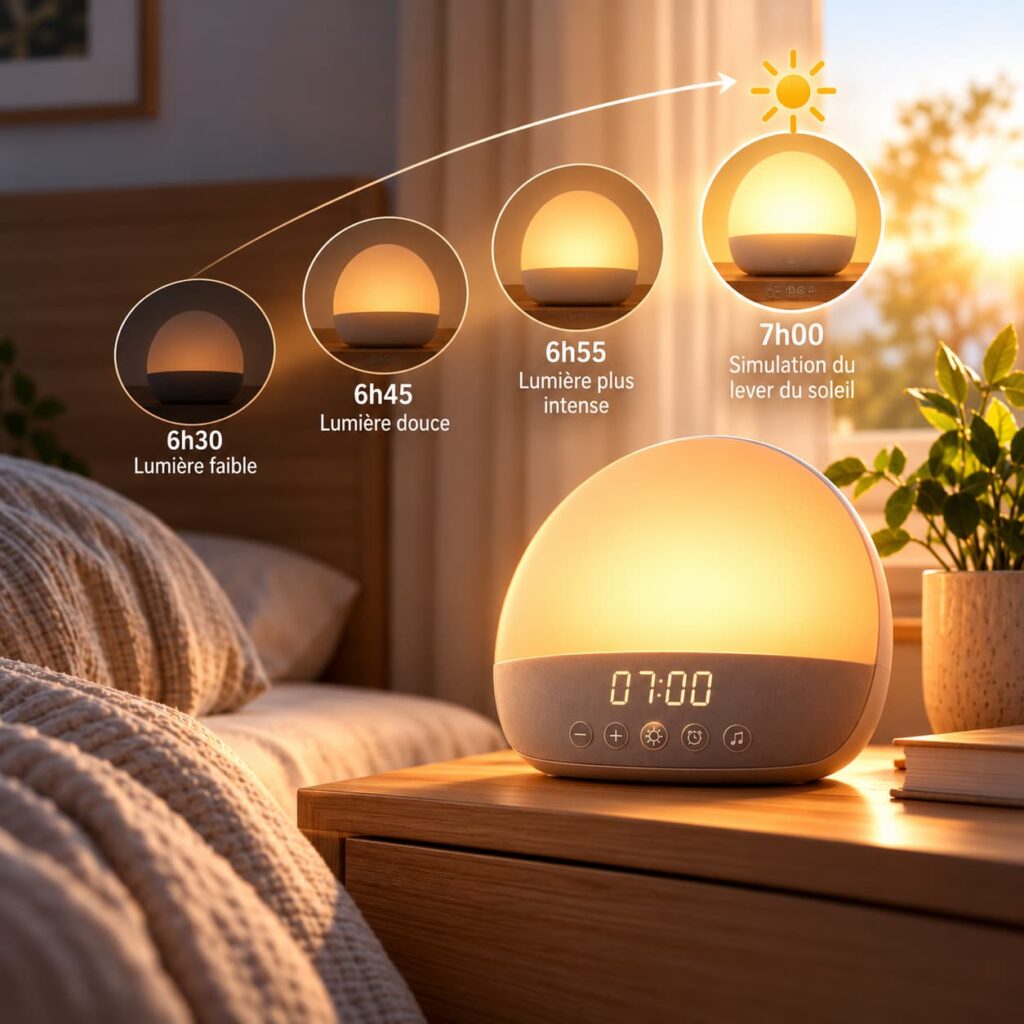 Réveil lumineux : quels bienfaits pour mieux se réveiller le matin ? Réveil lumineux augmentant progressivement son intensité avant l’heure du lever pour simuler l’aube