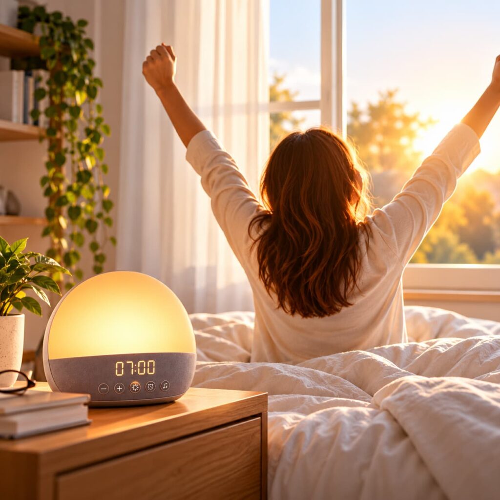 Réveil lumineux : quels bienfaits pour mieux se réveiller le matin ? Femme se réveillant avec la lumière du matin près d’un réveil lumineux simulant progressivement le lever du soleil