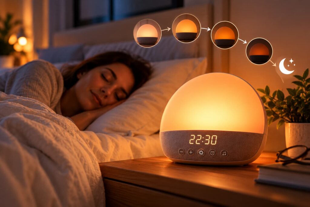 Réveil lumineux : quels bienfaits pour mieux se réveiller le matin ? Réveil lumineux avec fonction coucher de soleil diminuant progressivement la lumière pour créer une ambiance apaisante avant le sommeil