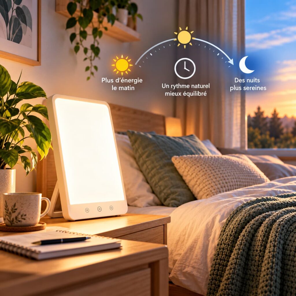 Chambre moderne équipée d’une lampe de luminothérapie pour mieux dormir, profiter de la lumière le matin et préserver un rythme de sommeil régulier