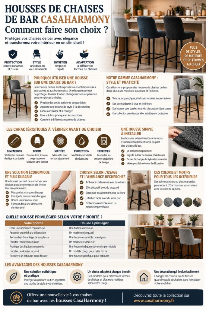 Housses de chaises de bar CasaHarmony avec différents modèles, matières et styles pour choisir une housse adaptée