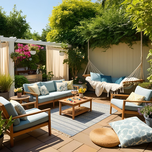 Coin cocooning au jardin avec coussins de sol