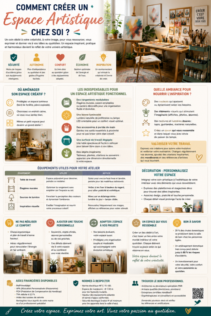Atelier créatif aménagé à la maison avec chevalet, bureau, rangements, plantes et décoration artistique dans un espace lumineux propice à l’inspiration.