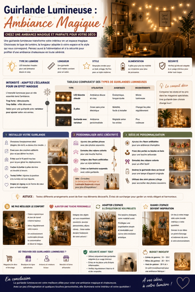 Salon décoré avec une guirlande lumineuse LED diffusant une lumière chaude, créant une ambiance cosy et élégante avec des idées de personnalisation et de décoration intérieure.
