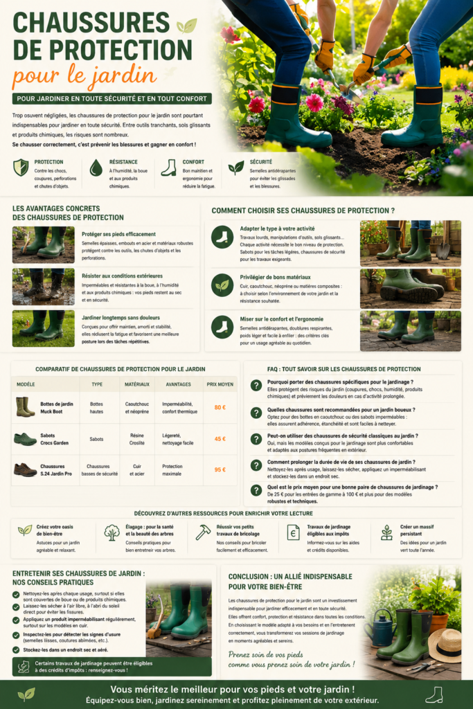 Jardiniers portant des chaussures de protection imperméables en train de travailler dans un jardin fleuri avec des outils de jardinage, illustrant la sécurité et le confort au jardin.