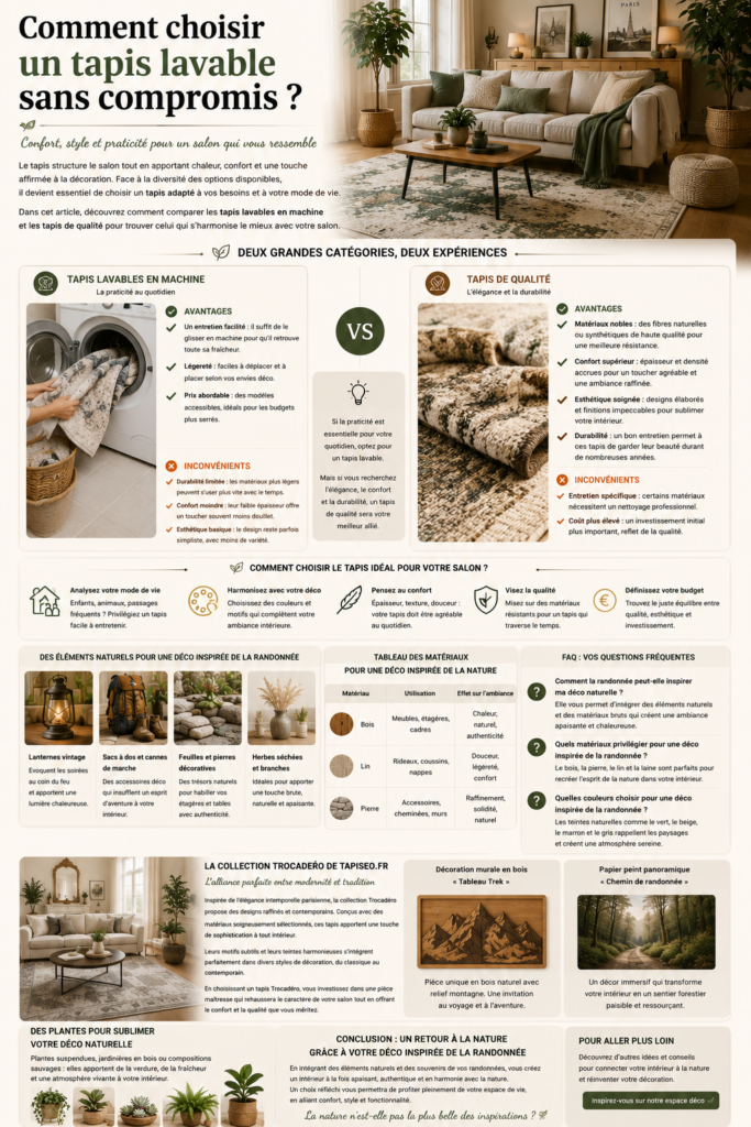 Salon moderne avec un tapis lavable aux tons naturels, canapé beige, mobilier en bois et décoration chaleureuse illustrant le confort, la praticité et l’élégance d’un tapis de qualité.