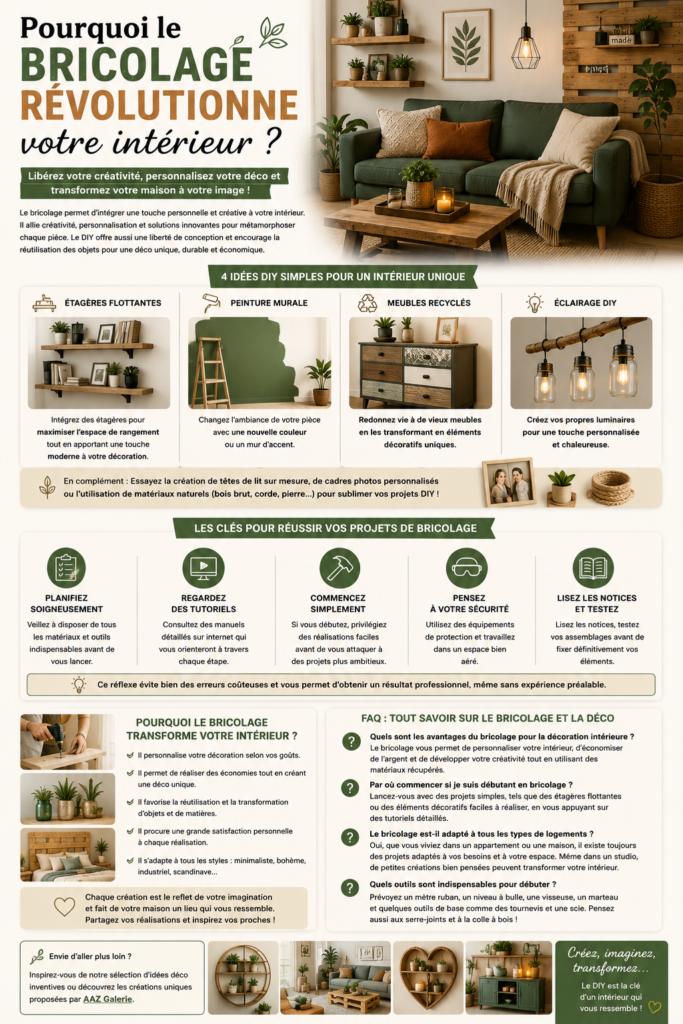 Salon chaleureux décoré avec des créations DIY : étagères flottantes en bois, meubles recyclés, luminaires artisanaux et décoration naturelle illustrant un intérieur moderne, personnalisé et convivial.