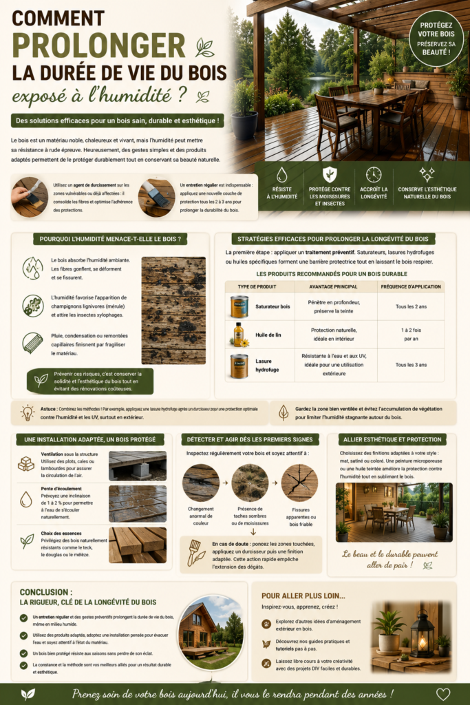 Terrasse en bois protégée par une pergola, illustrant les traitements et solutions pour préserver durablement le bois contre l’humidité, les UV et les moisissures.