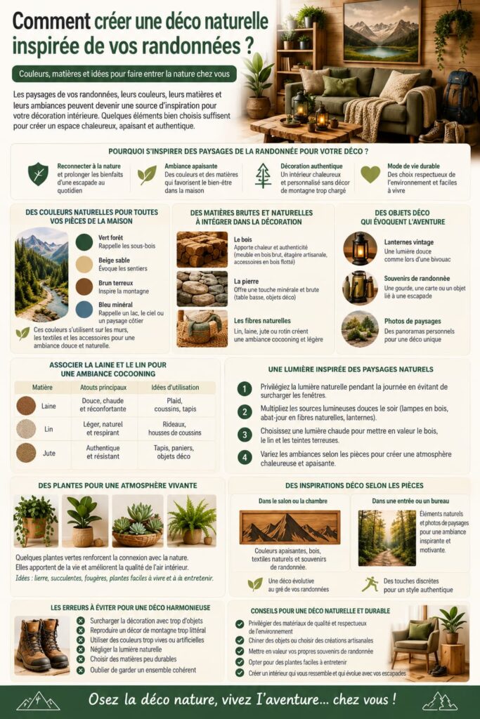 Décoration naturelle inspirée de la randonnée avec bois, matières naturelles, couleurs végétales, plantes et lumière chaleureuse