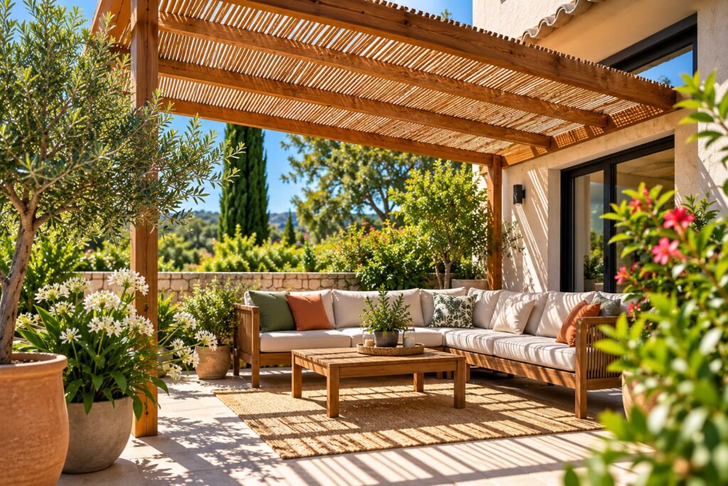 Terrasse méditerranéenne aménagée sous une pergola en bois ajourée, avec salon de jardin, plantes en pots et ombre projetée sur l’espace détente