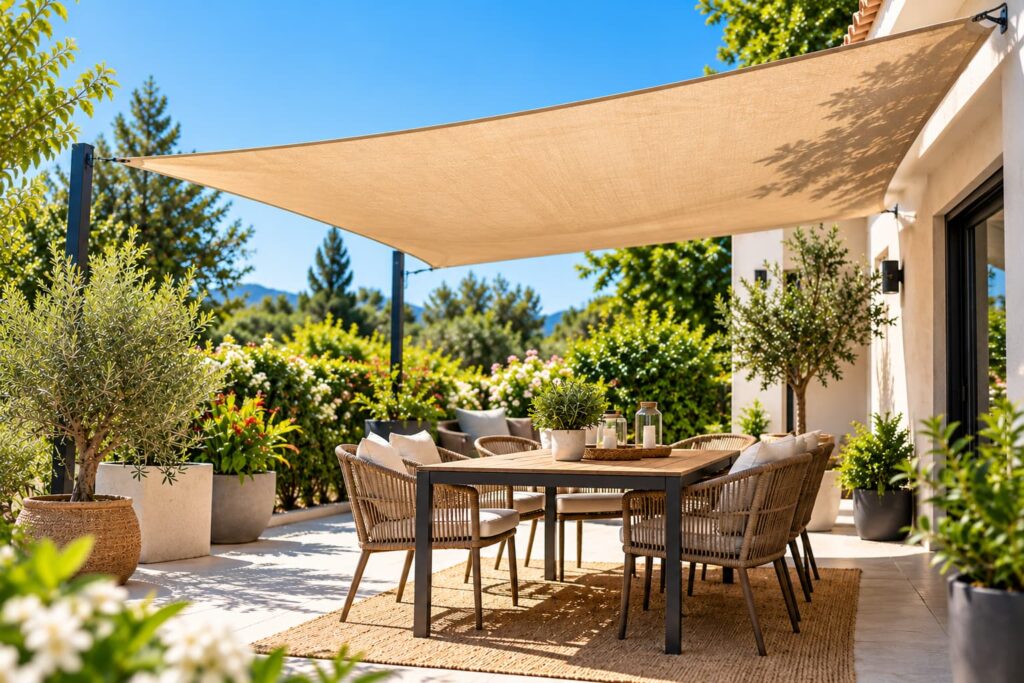 Grande toile d’ombrage beige tendue au-dessus d’un coin repas sur une terrasse très ensoleillée, avec table, fauteuils et végétation autour de la maison