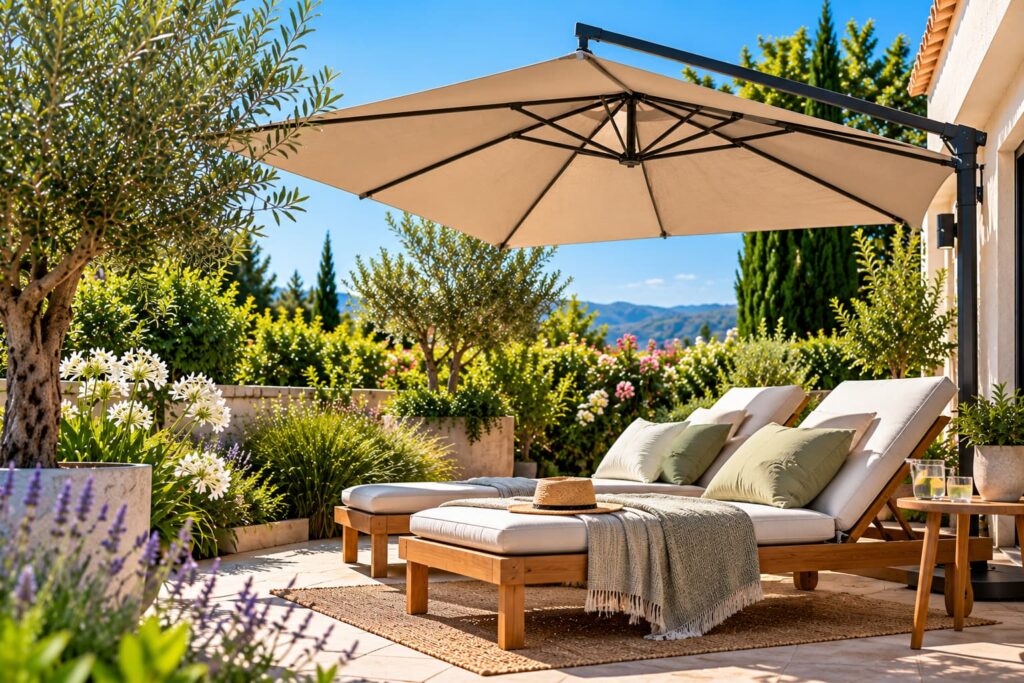 Coin détente ombragé sur une terrasse très ensoleillée avec grand parasol déporté, transats en bois et végétation méditerranéenne autour de la maison