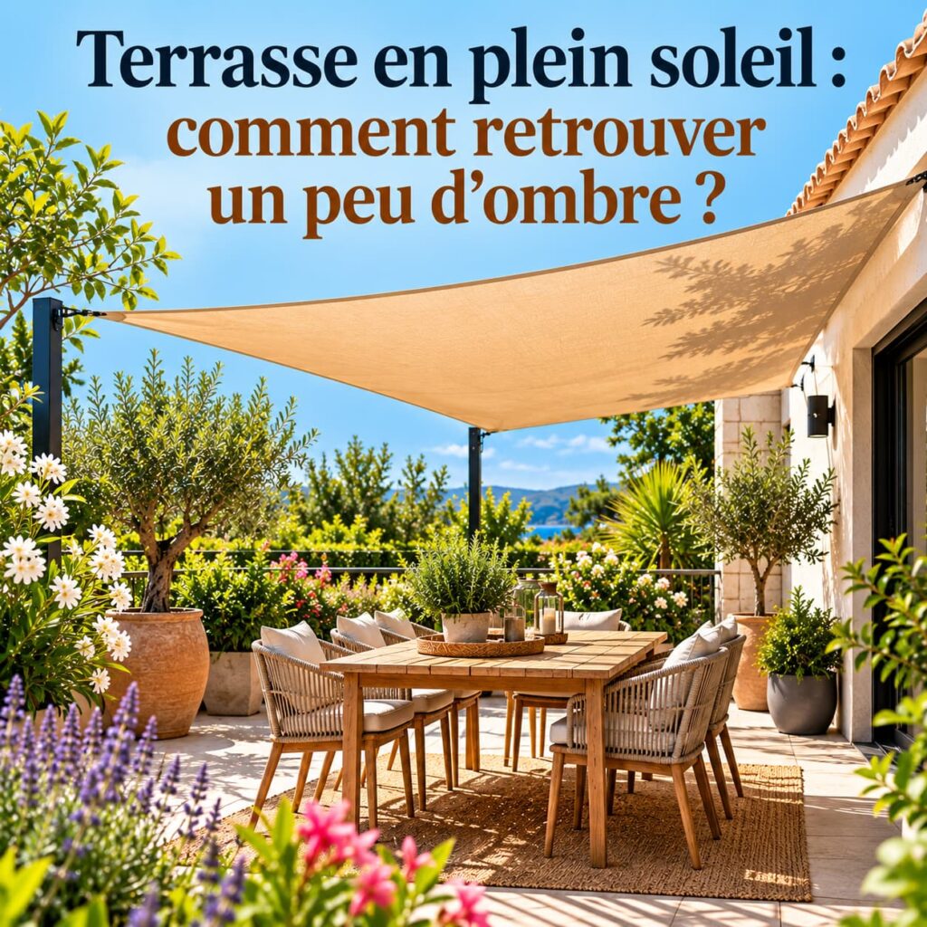 Terrasse de maison en plein soleil avec grande toile d’ombrage beige protégeant un coin repas, entouré de plantes et de végétation méditerranéenne