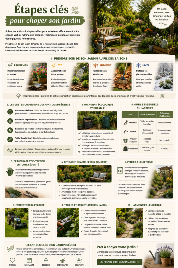 Jardin fleuri parfaitement entretenu avec allées, pelouse, massifs et mobilier extérieur, illustrant les étapes essentielles pour entretenir un jardin de manière écologique et durable.