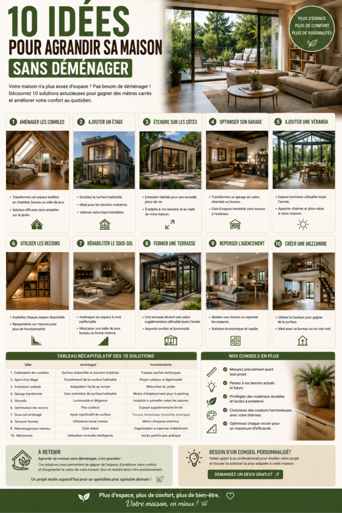 Maison agrandie avec extension moderne, véranda lumineuse et espaces optimisés illustrant différentes solutions pour gagner de la surface sans déménager.