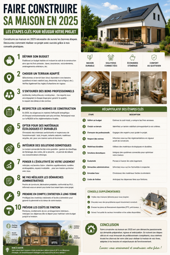 Maison individuelle moderne en construction avec panneaux solaires, matériaux durables et équipements connectés illustrant les étapes pour construire sa maison en 2025.