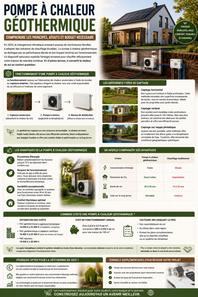 Maison équipée d'une pompe à chaleur géothermique avec captage souterrain illustrant le fonctionnement d'un système de chauffage écologique et performant.
