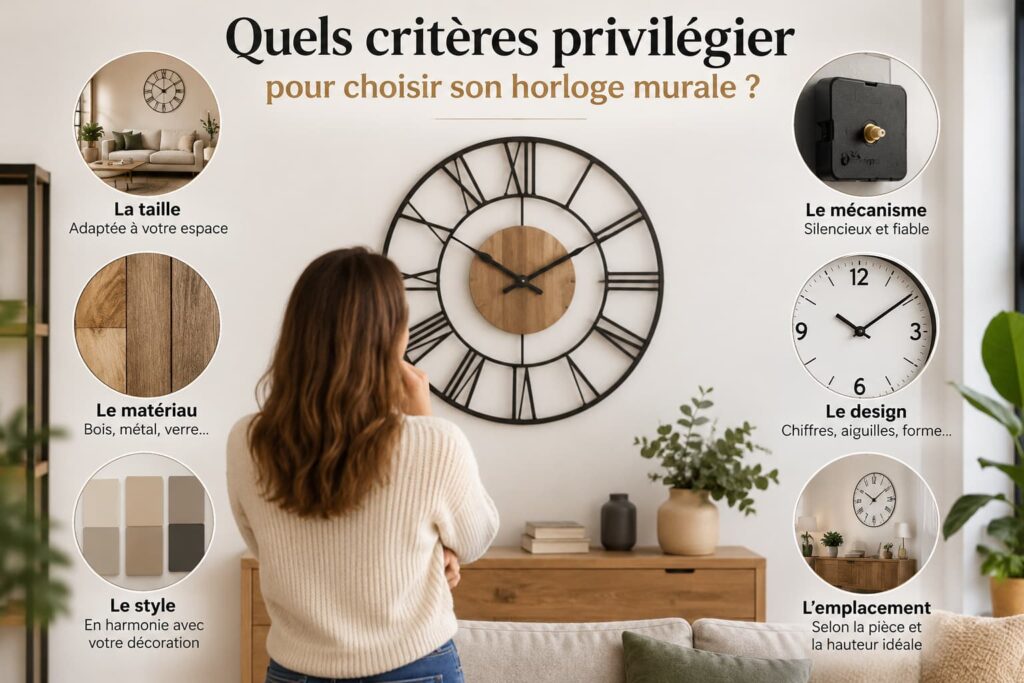 Critères pour choisir une horloge murale : taille, matériau, style, mécanisme, design et emplacement