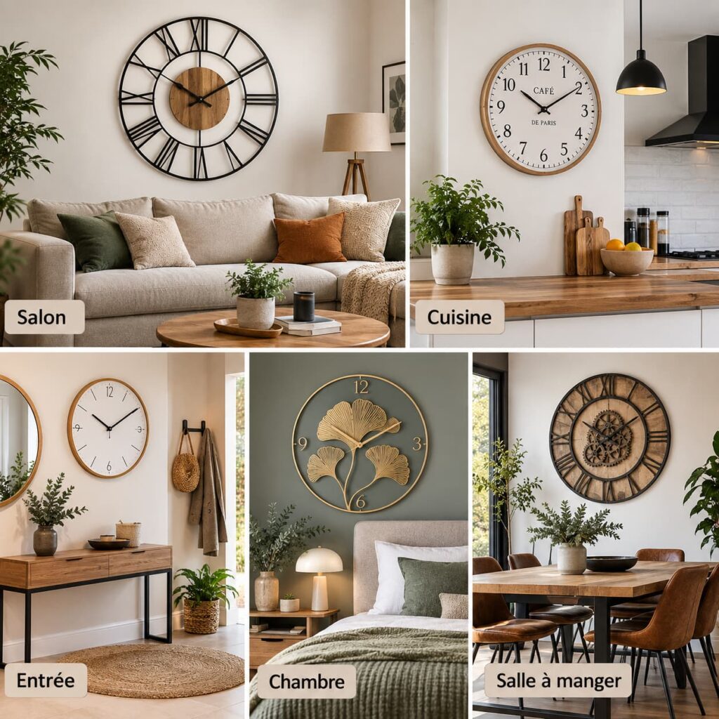 Horloges murales placées dans un salon, une cuisine, une entrée, une chambre et une salle à manger