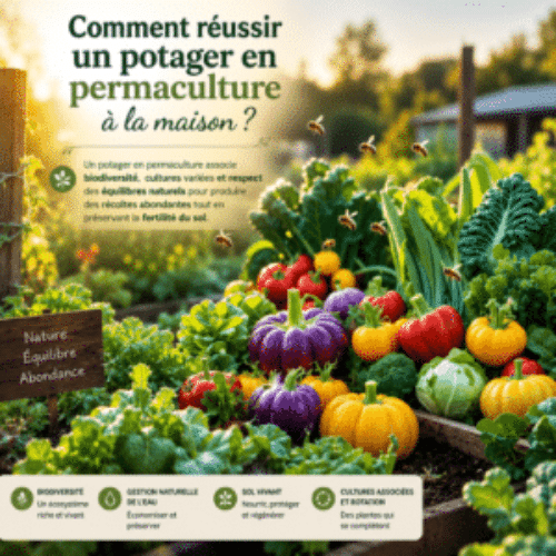 Potager en permaculture riche en légumes variés illustrant la biodiversité, le sol vivant et les principes d’une culture durable à la maison.