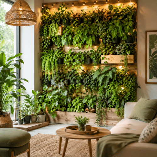 Mur végétal intérieur dans un salon lumineux avec plantes suspendues, bois naturel et décoration végétale créant une ambiance apaisante et contemporaine.