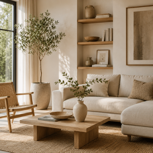 Décoration épurée dans un salon contemporain associant mobilier minimaliste, bois naturel, lumière naturelle et décoration intérieure harmonieuse.