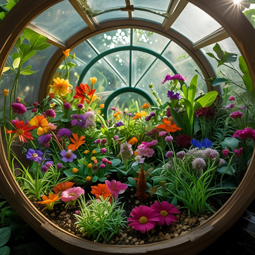Terrarium décoratif en verre composé de plantes et de fleurs miniatures, illustrant des terrariums : recettes faciles à réaliser chez soi.