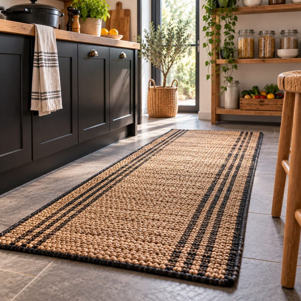 Tapis de cuisine en fibres naturelles beige et noir dans une cuisine contemporaine avec meubles foncés, plan de travail en bois et décoration végétale