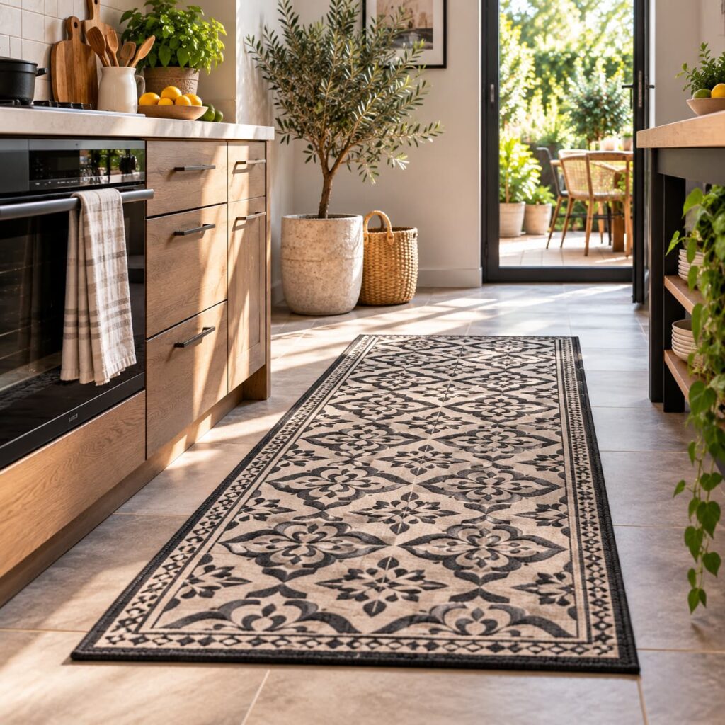 Tapis de cuisine antidérapant beige à motifs noirs installé sur un sol carrelé dans une cuisine lumineuse avec meubles en bois et accès au jardin