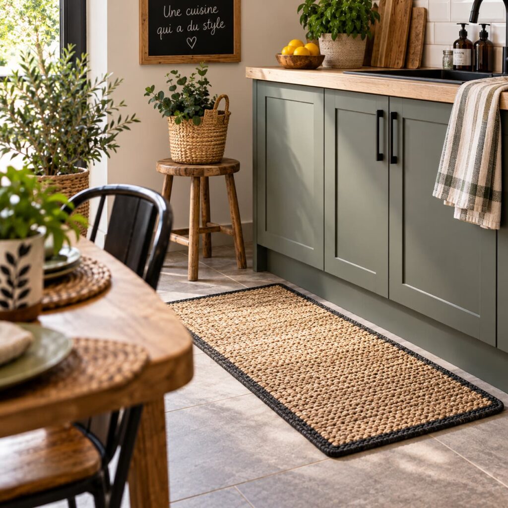 Tapis de cuisine en fibres naturelles beige avec bordure noire dans une cuisine chaleureuse aux meubles vert sauge, plan de travail en bois et décoration végétale