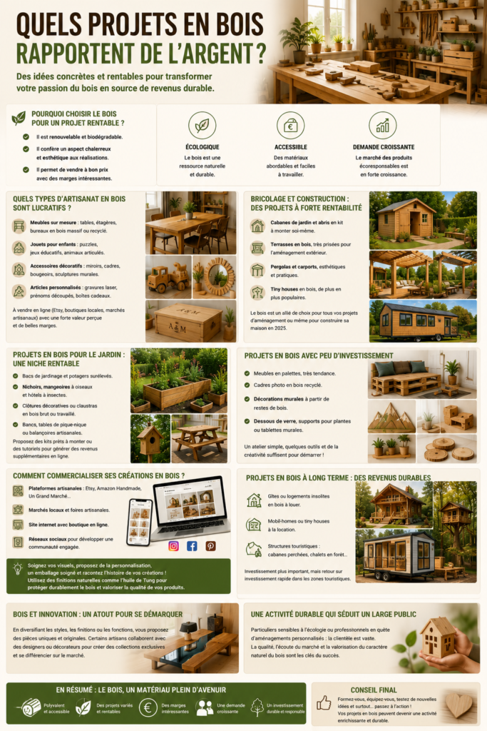 Atelier de menuiserie avec créations en bois, meubles artisanaux et objets décoratifs illustrant les projets en bois les plus rentables.