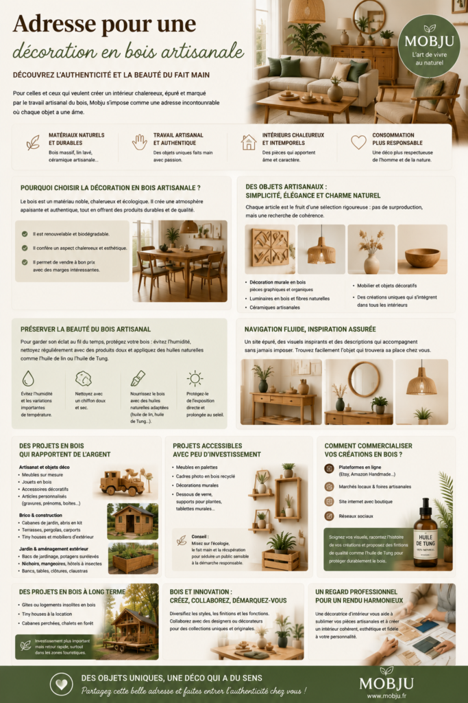 Salon chaleureux décoré avec des meubles en bois massif, luminaires artisanaux et objets de décoration en bois naturel dans un style épuré.